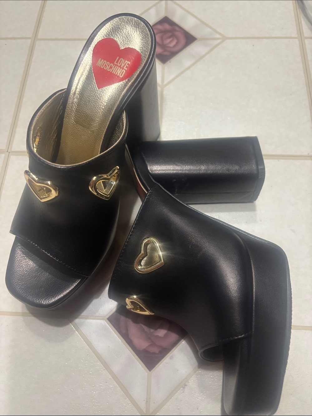 Love Moschino Black Slip-On Mules with Gold Heart Hardware - Picture 2 of 5